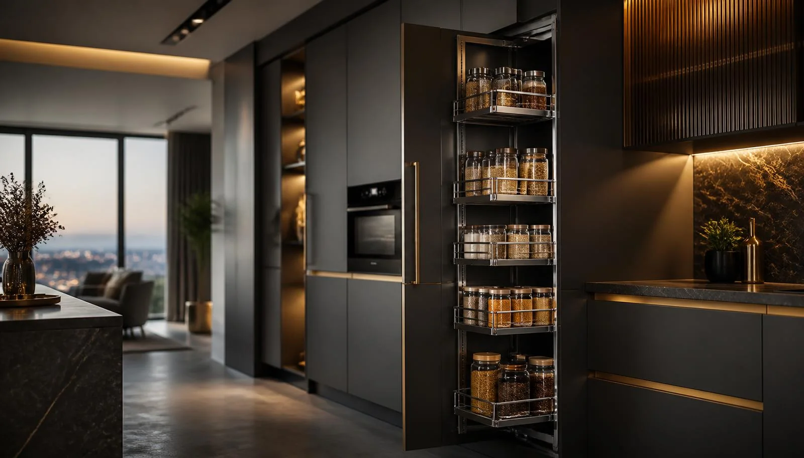 Mirano pull out systems — tall larder pantry unit fully extended in a premium matte black and gold modular kitchen