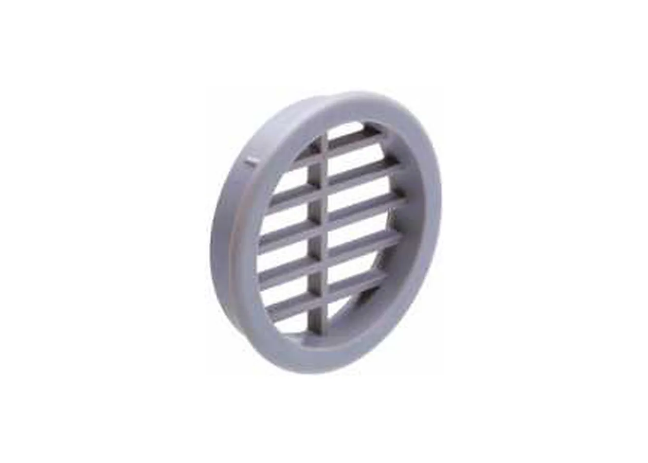 Round ventilation grille Mirano round ventilation grille for kitchen cabinets, a circular grey louvred grille with a flanged ring