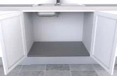 White under-sink cabinet with both doors open and a grey base panel fitted on the cabinet floor