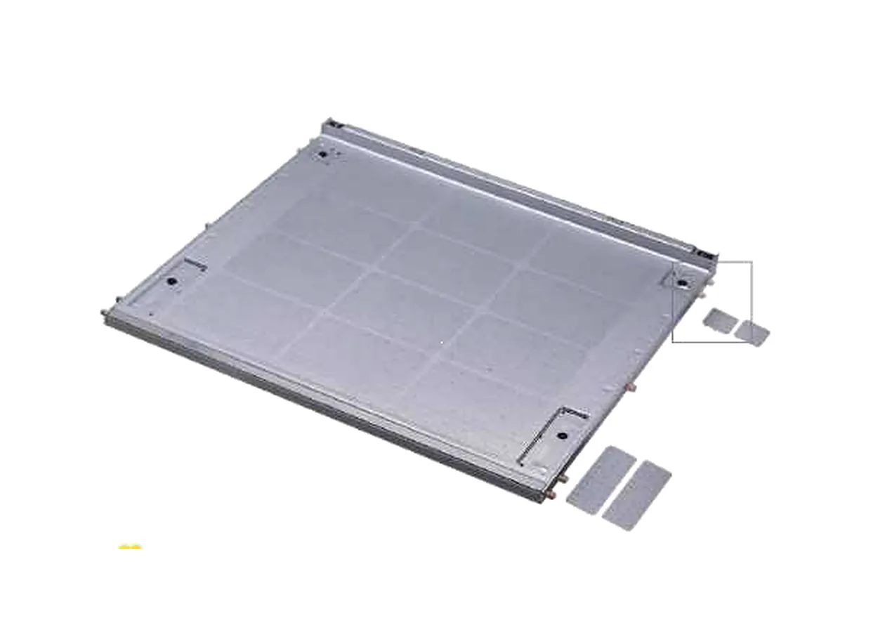Sink base protection panel Mirano sink base protection panel, a grey grid-pattern floor panel with side rails and loose end trims for a sink cabinet