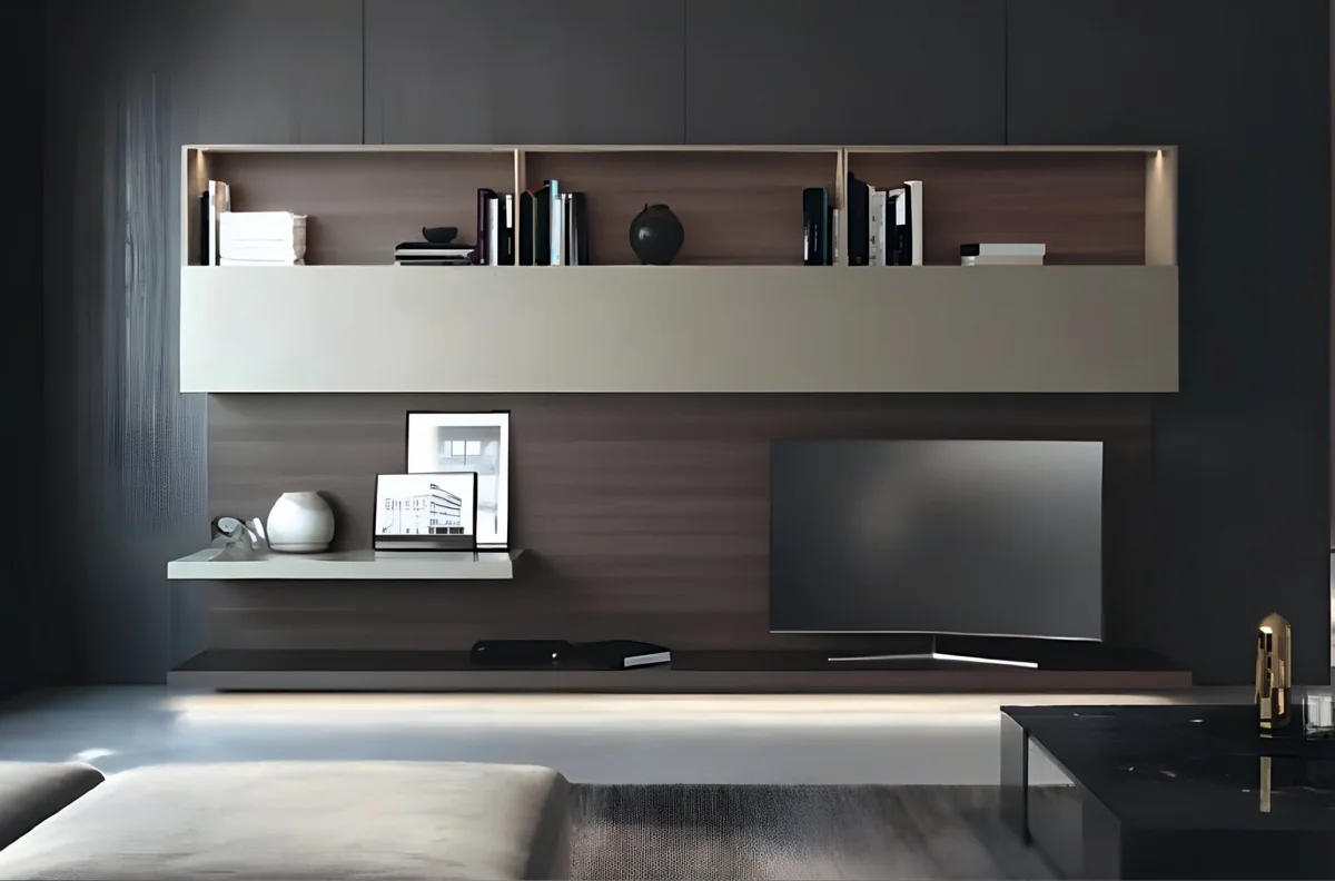 Living-room wall unit with open wooden shelves above a handleless beige front panel, a television and a floating shelf
