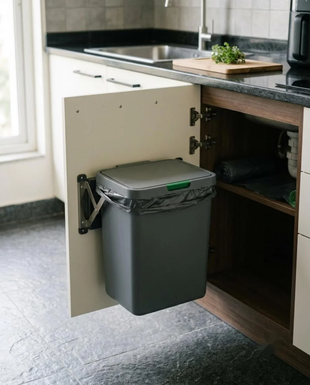 Swing Out door-mounted waste bin Large grey waste bin with lid hanging from a swing-out bracket on an open kitchen cabinet door