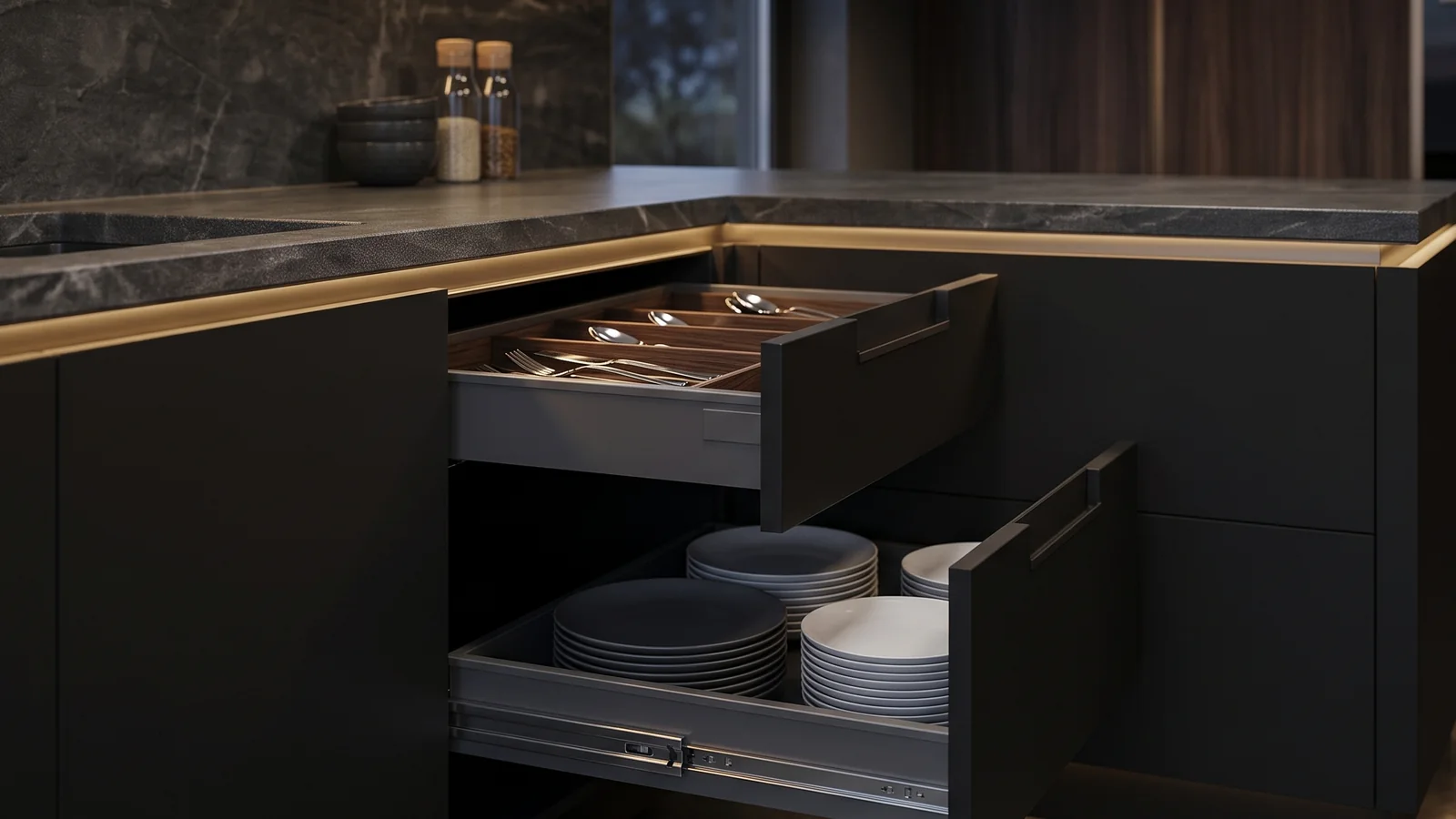 Matte black kitchen base unit with a tandem box drawer holding a cutlery organiser above a drawer on telescopic ball-bearing channels holding plates