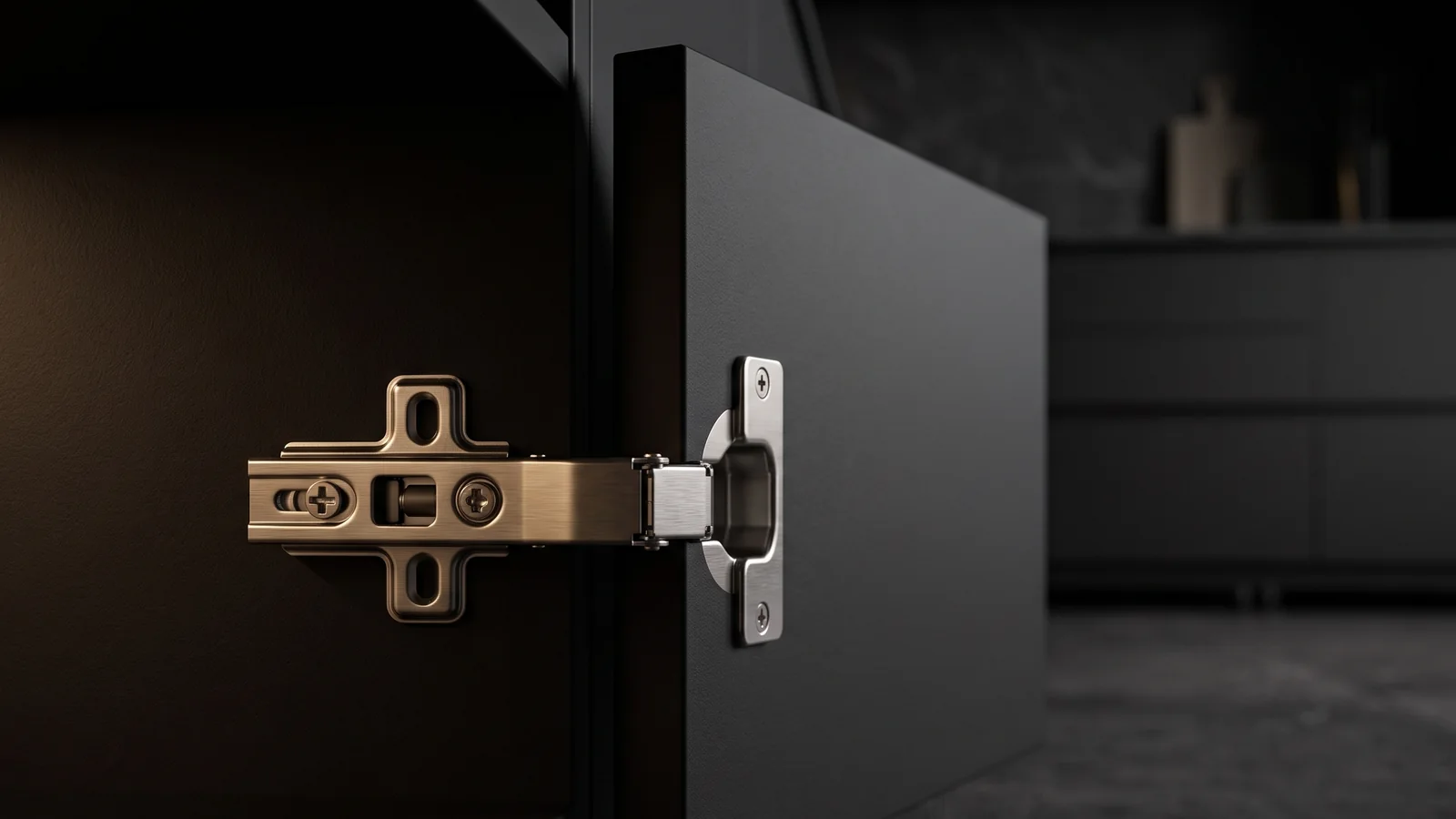 Close view of a matte black cabinet door open on a concealed soft-close hinge in a dark kitchen