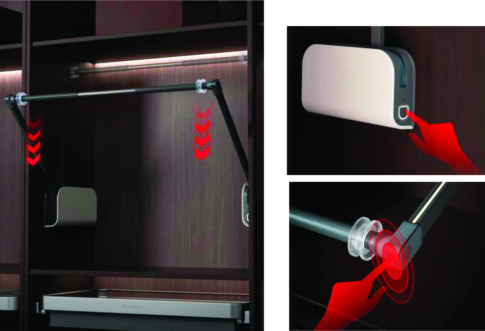 Dark wardrobe unit with a hanging rail on lifting arms and red arrows showing downward movement, plus two close-ups of touch controls