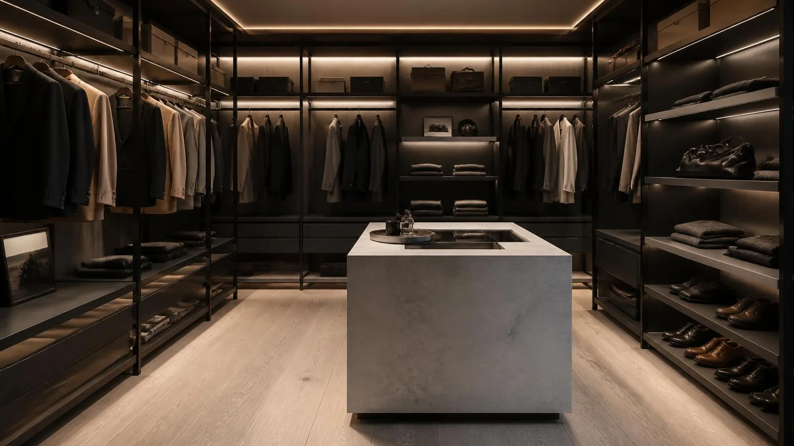 Luxury walk-in wardrobe with modular aluminium bar shelving, hanging rails and integrated LED shelf lighting
