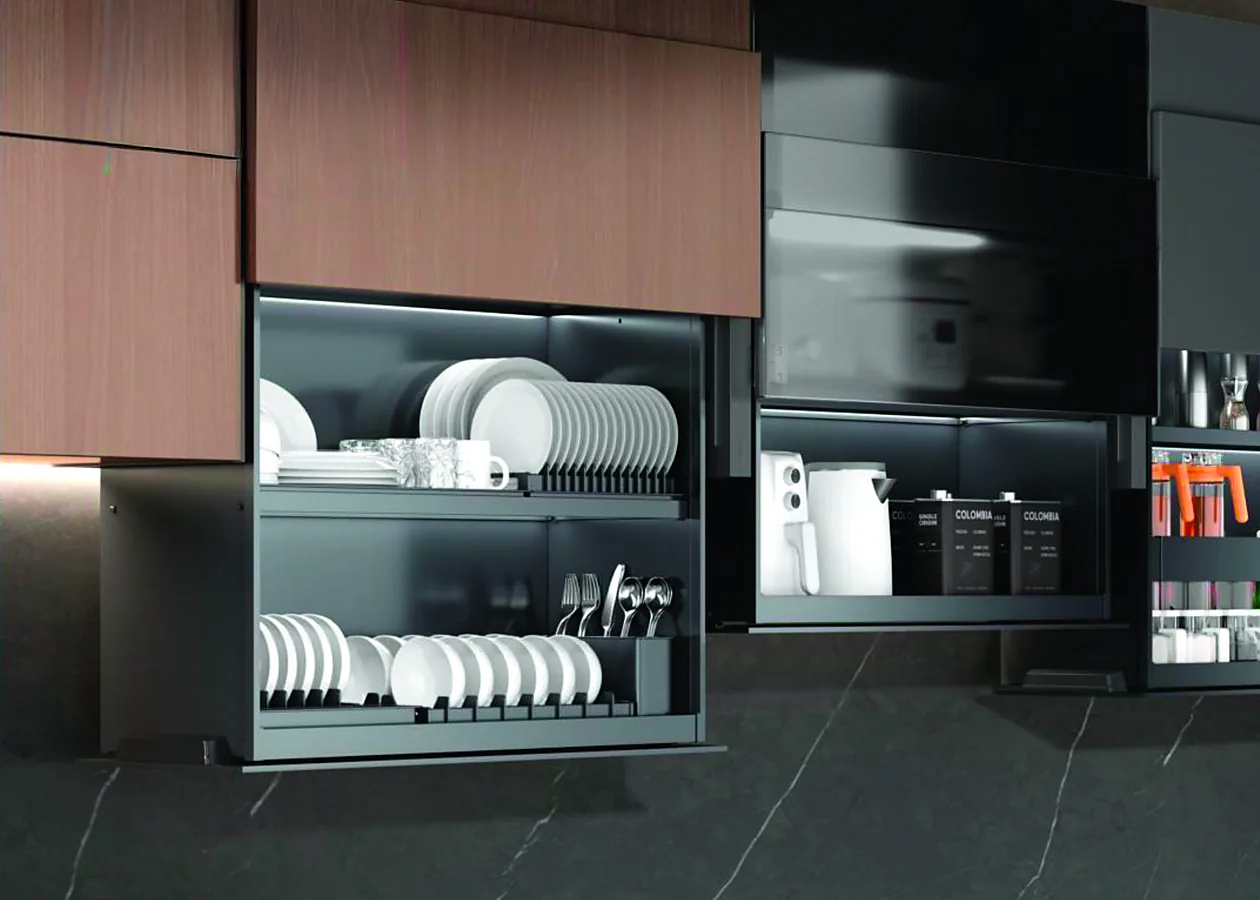 Wall-unit dish drainer Mirano wall unit dish drainer with plate and glass racks inside a dark modular kitchen wall cabinet above a worktop