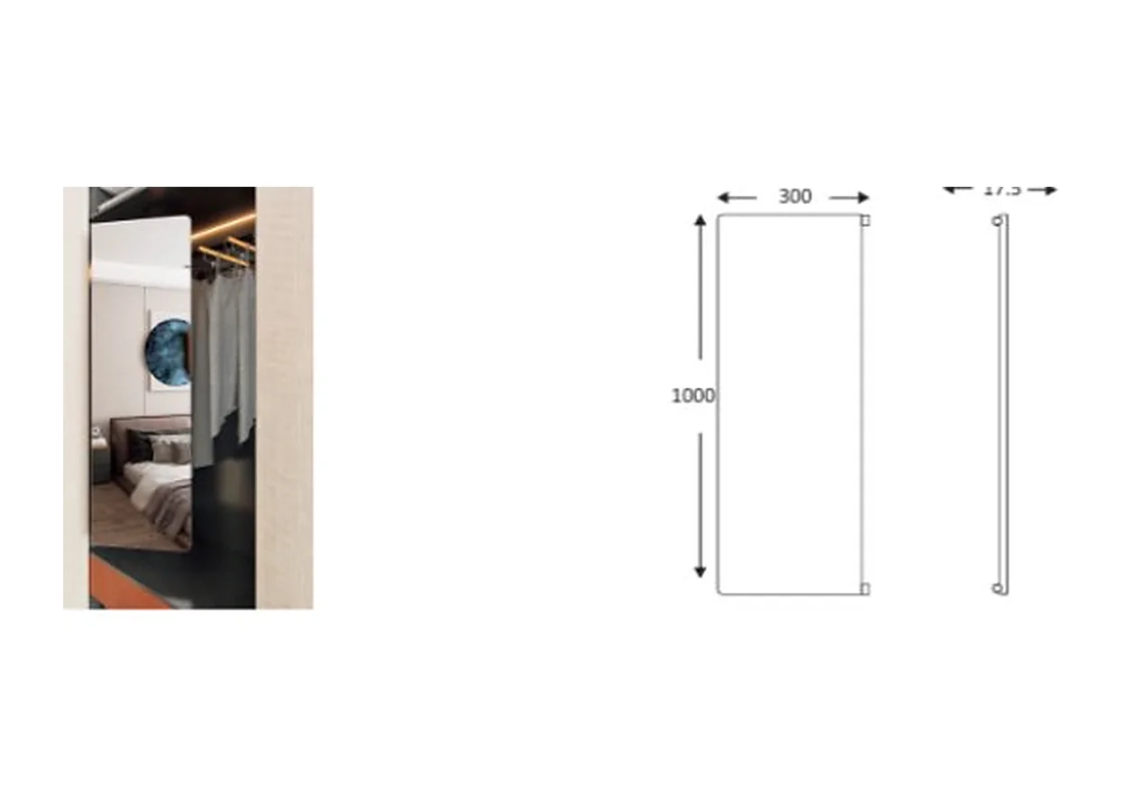 Mirano closet mirror, a fixed full-length grey-framed wardrobe mirror with its dimension drawing