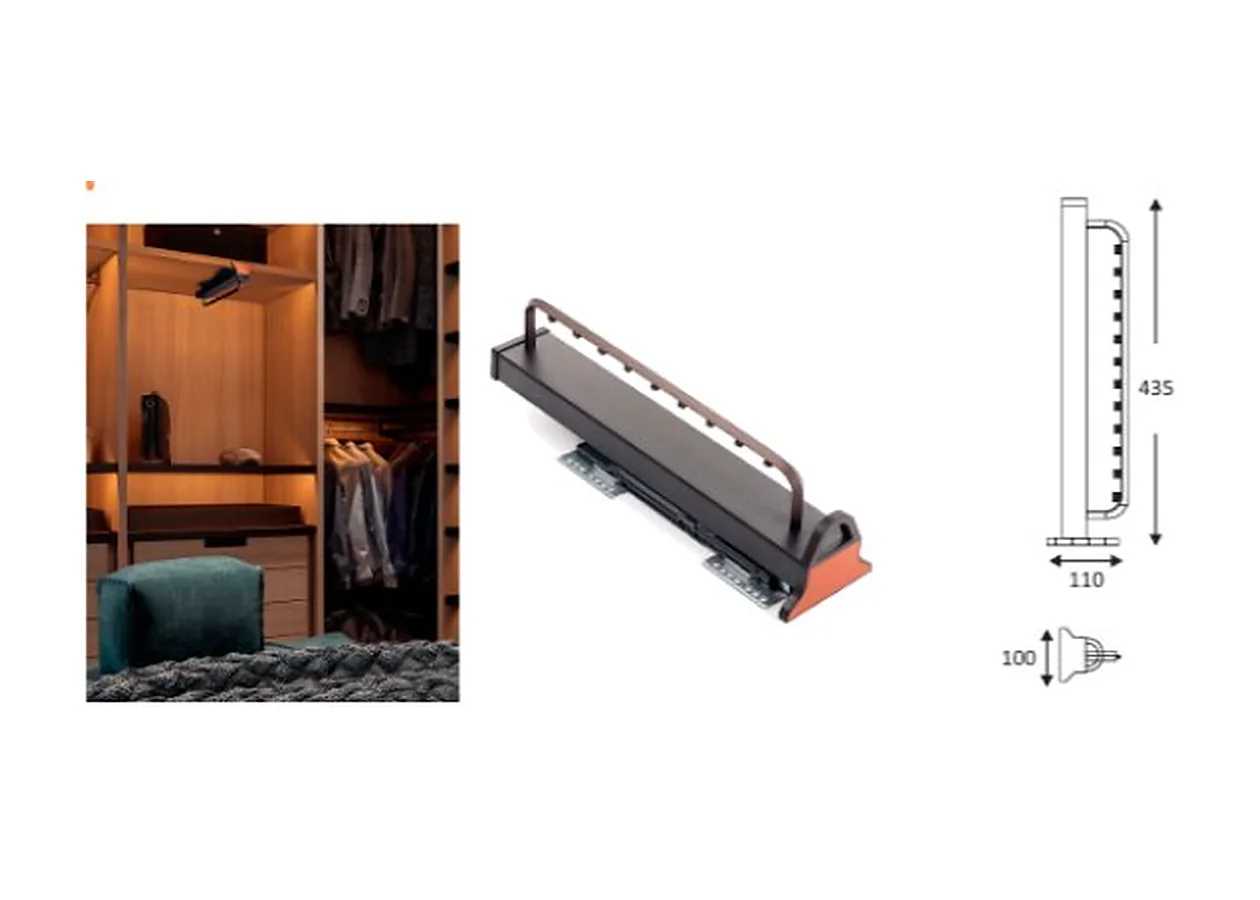 Mirano cloth holder, a pull-out garment holder with a grey bar and orange end detail, shown with its dimension drawing