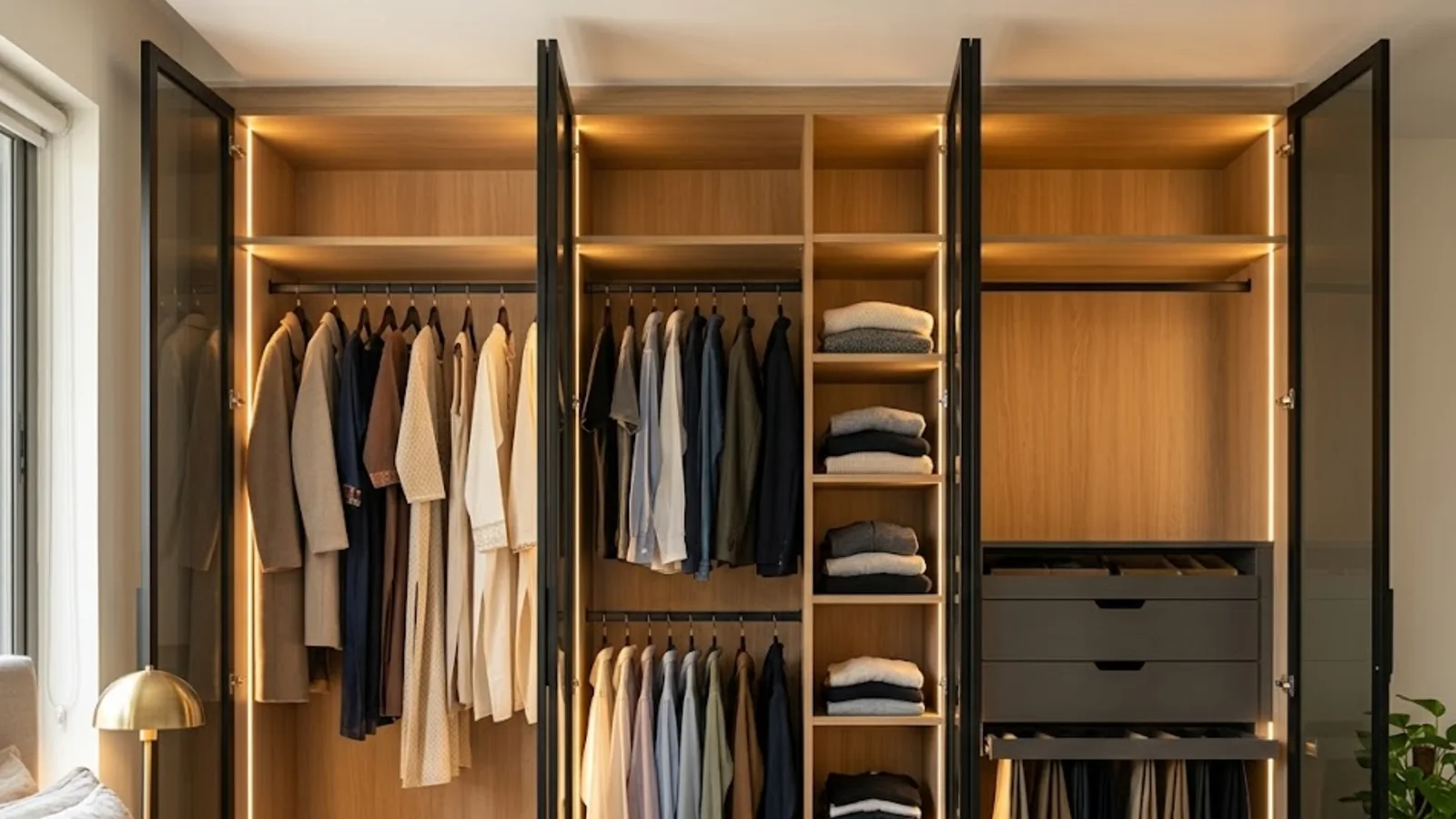 Open modular wardrobe showing a planned interior with long-hang and double-hang rails, folded-clothes shelves and a drawer bank under warm LED lighting