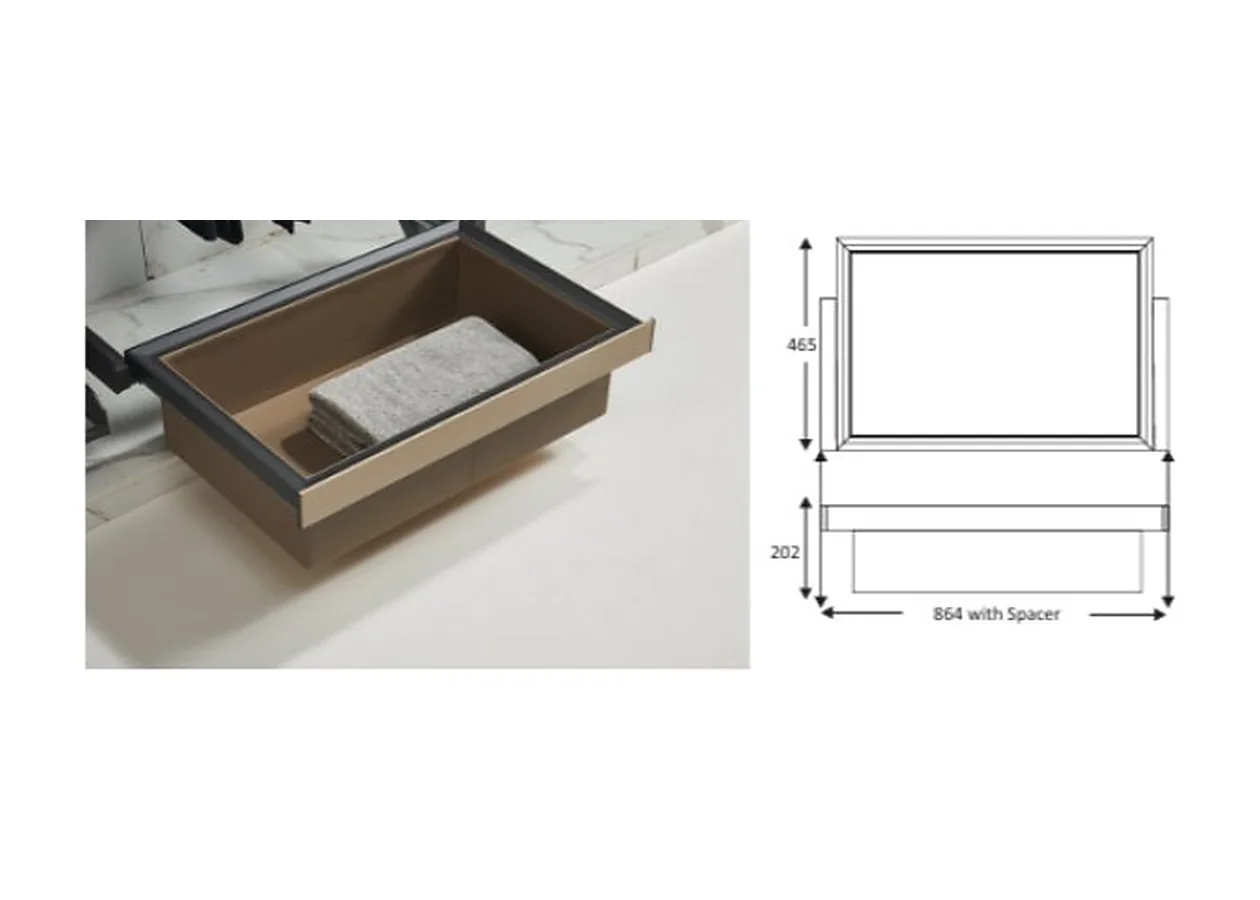 Mirano leather basket, a coffee leather-lined open basket in a grey frame inside a wardrobe drawer, with its dimension drawing