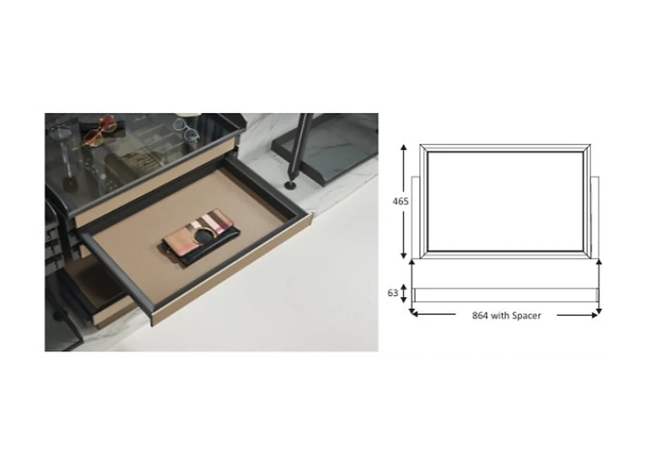 Mirano leather tray, a flat coffee leather-lined tray with watches and small items in a grey drawer frame, with its dimension drawing