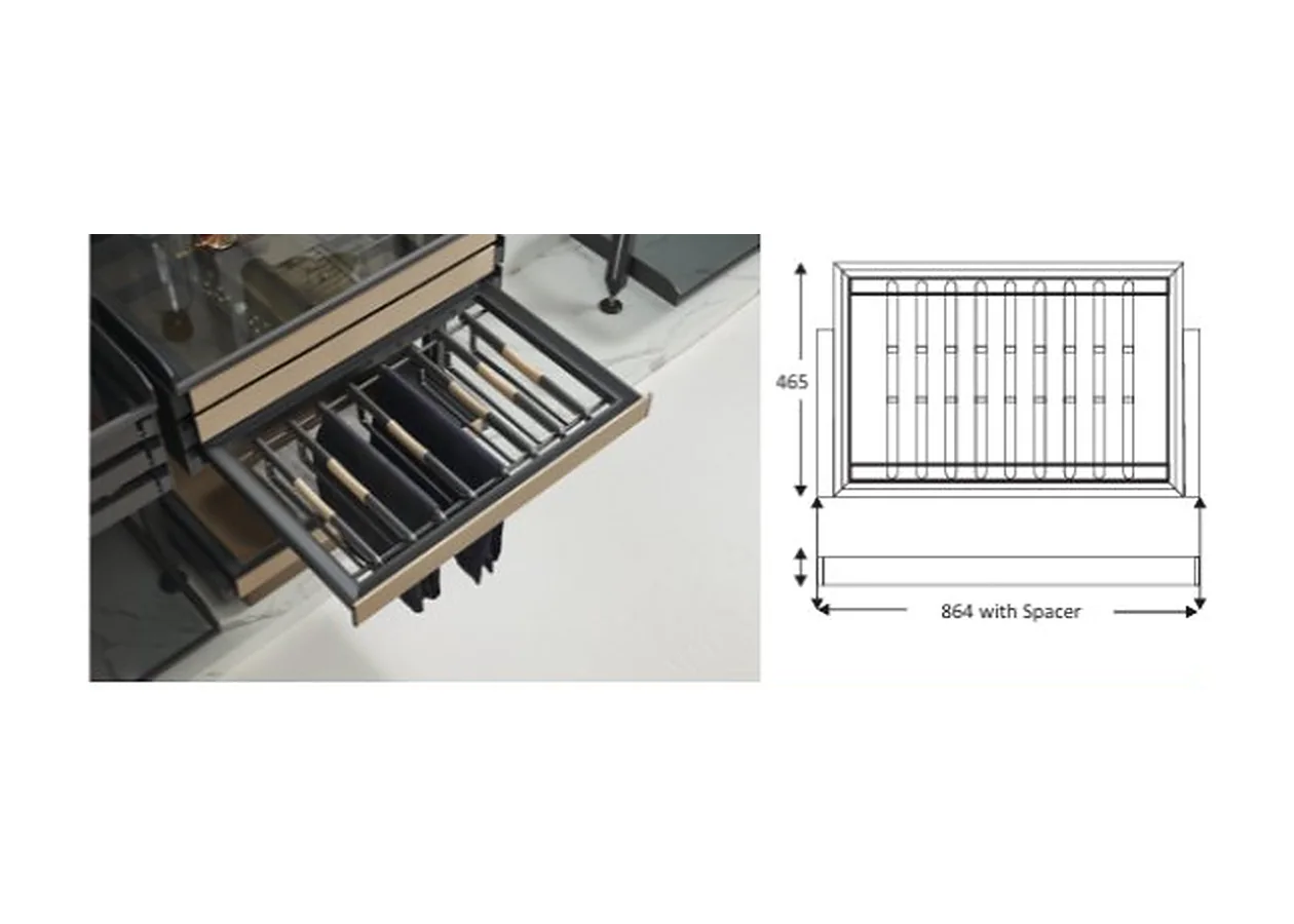 Mirano pull-out trouser rack with multiple grey bars for hanging trousers inside a wardrobe drawer frame, with its dimension drawing