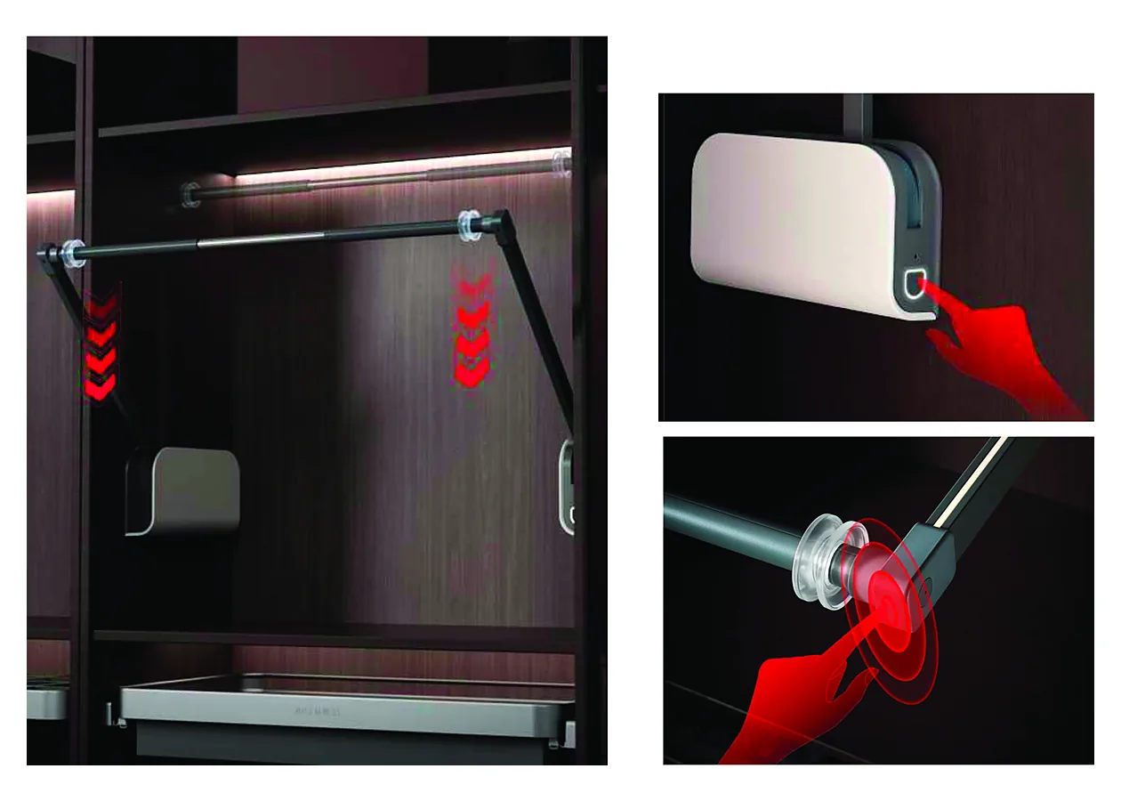 Mirano smart trouser pull down, a pull-down rail unit with a soft-touch handle release and pivot release point, shown in a dark wardrobe