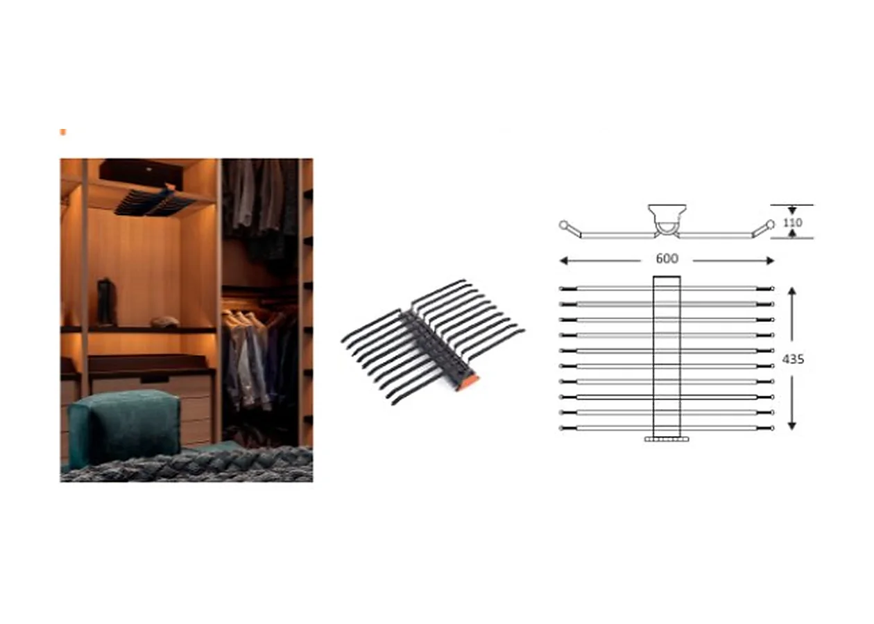 Mirano top mounting trouser rack, a two-way overhead unit with rows of bars, shown with a dimension drawing