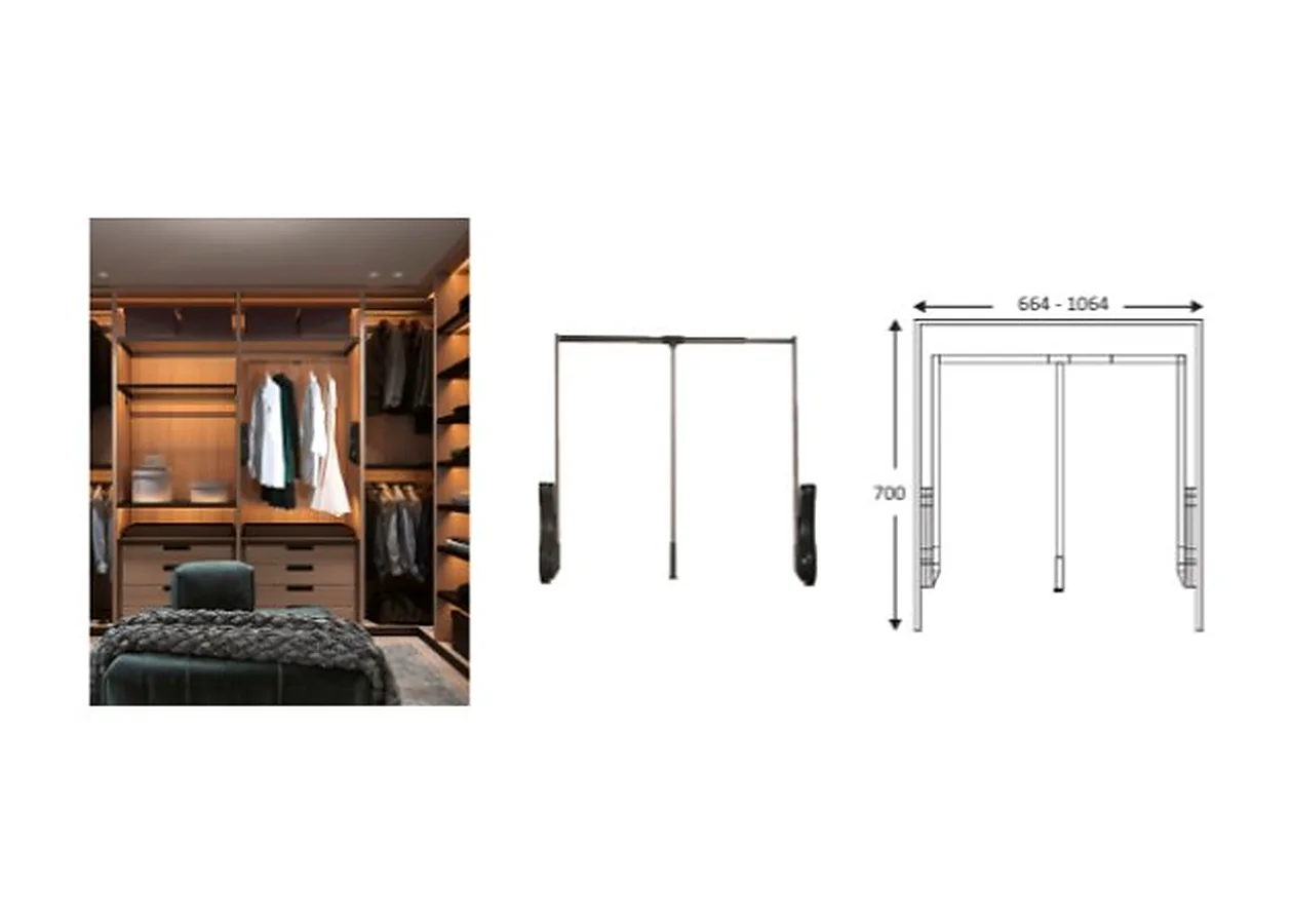 Mirano trouser pull down, a grey pull-down rail unit shown in a walk-in wardrobe with its dimension drawing