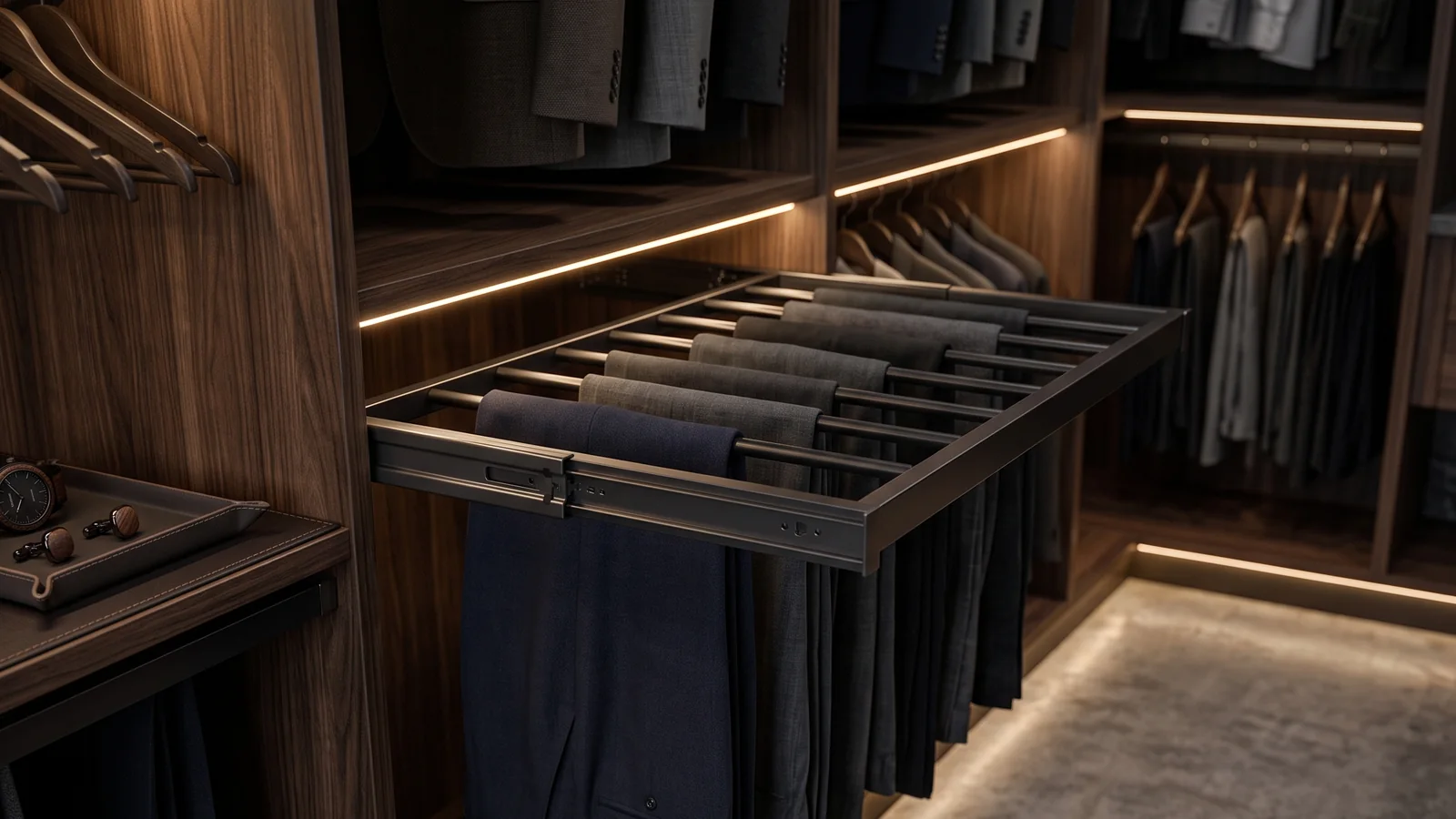 Walk-in wardrobe with a side-mounted trouser pull-out rack extended, a leather tray and warm LED lighting