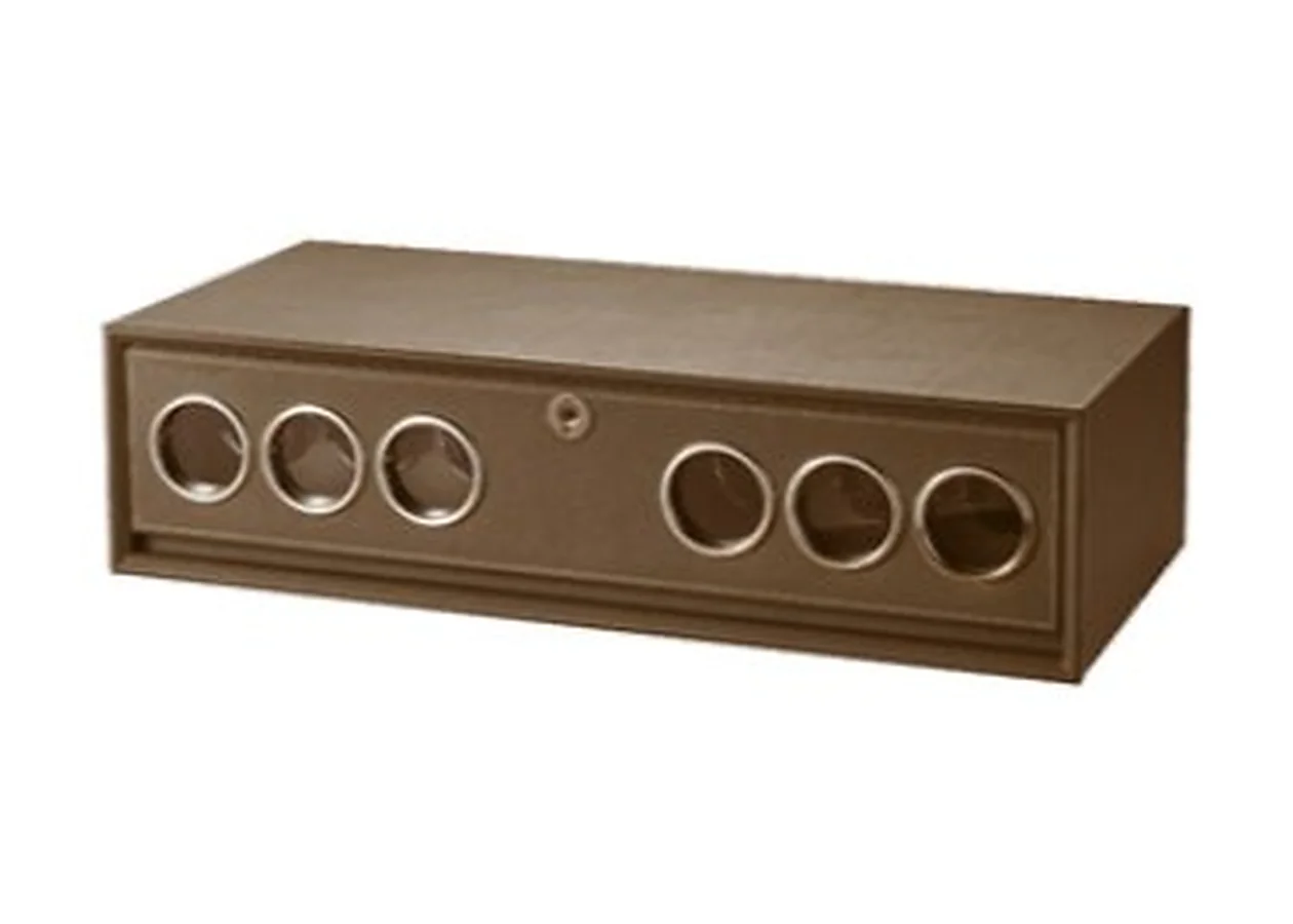 Mirano watch winder, a coffee leather-covered box with six round watch positions and a central lock